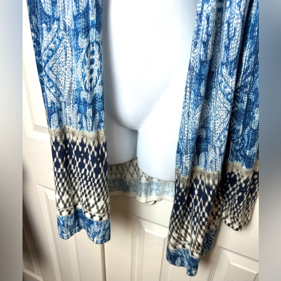 CHICOS Mixed Paisley Maizy Cardigan Sweater Long Blue Ivory Open Front Thin Knit - Picture 6 of 14
